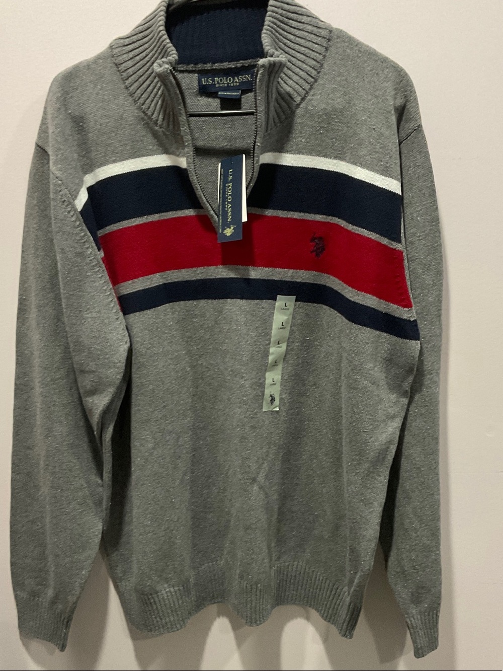 U.S. Polo Assn. Gray Quarter-Zip Sweater with Red & Navy Stripes